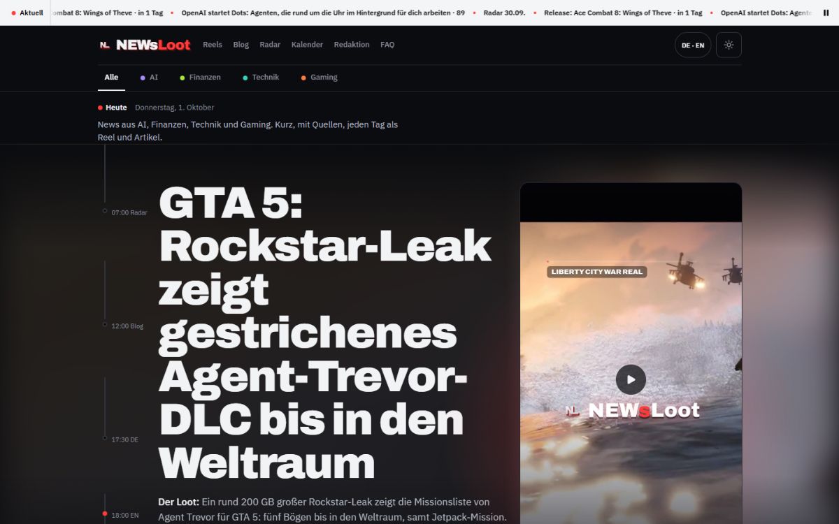 Startseite von news-loot.com: Tagesplan von Radar bis Posten, daneben ein aktuelles Reel